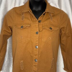 Highway Jeans Denim Shacket Women’s S Distressed Raw Hem Button Pockets Brown